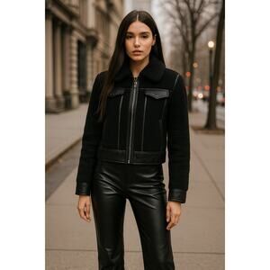 Rebecca Minkoff Clark Faux Shearling Jacket XS | Black Teddy Moto Style Zip Up